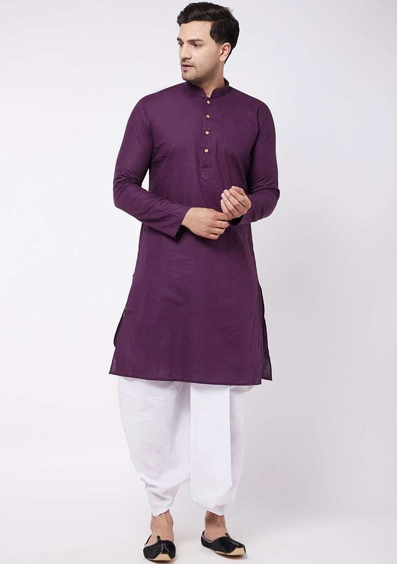 Purple Solid Poly Blend Kurta Set For Men - Indya