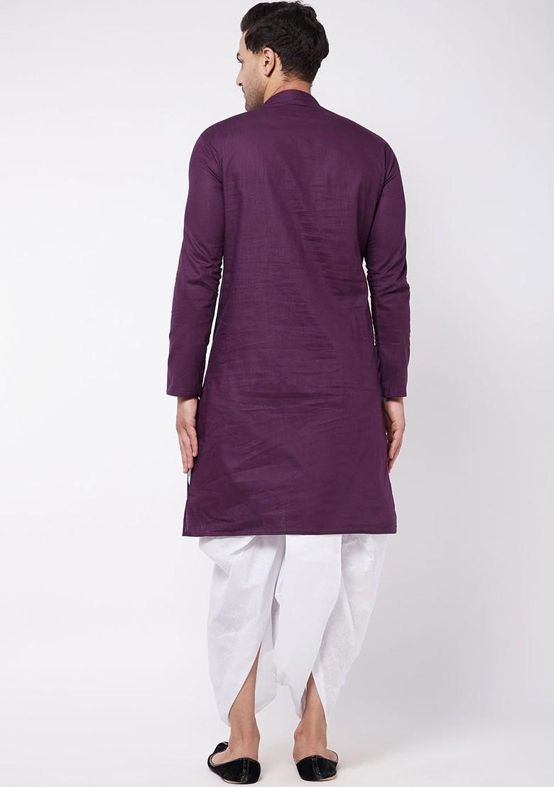 Purple Solid Poly Blend Kurta Set For Men