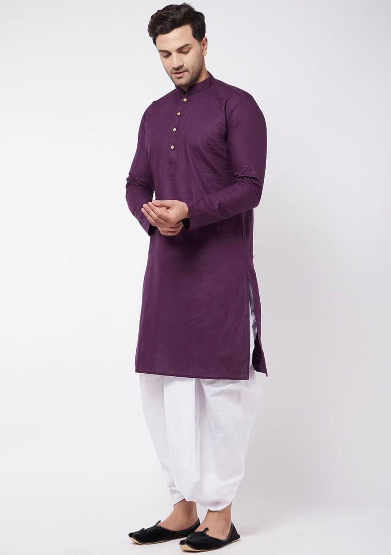 Purple Solid Poly Blend Kurta Set For Men