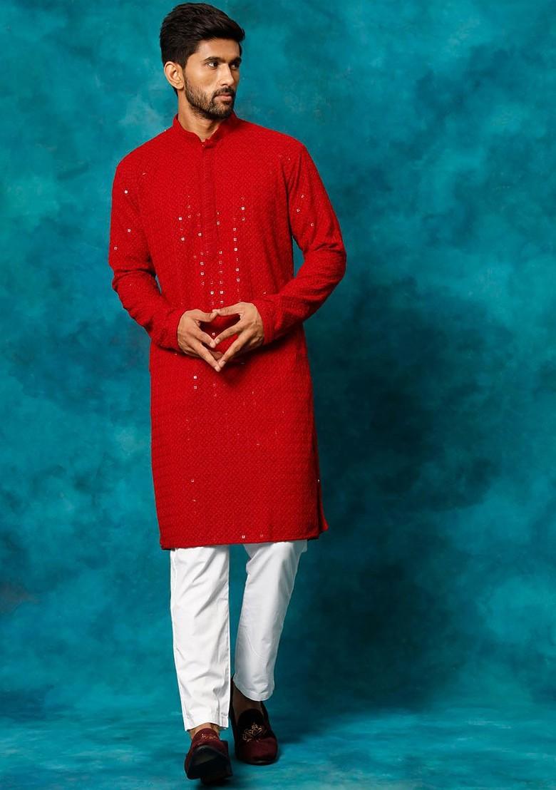 Maroon Ethnic Motifs Poly Blend Kurta Set For Men