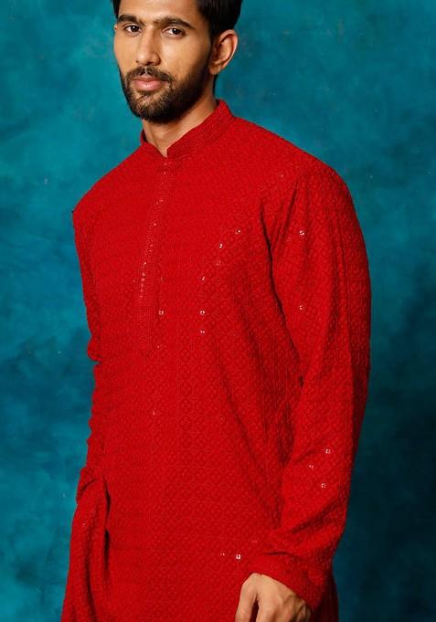 Maroon Ethnic Motifs Poly Blend Kurta Set For Men