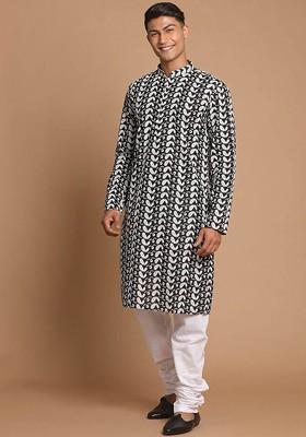 Black Embroidered Cotton Kurta Set For Men