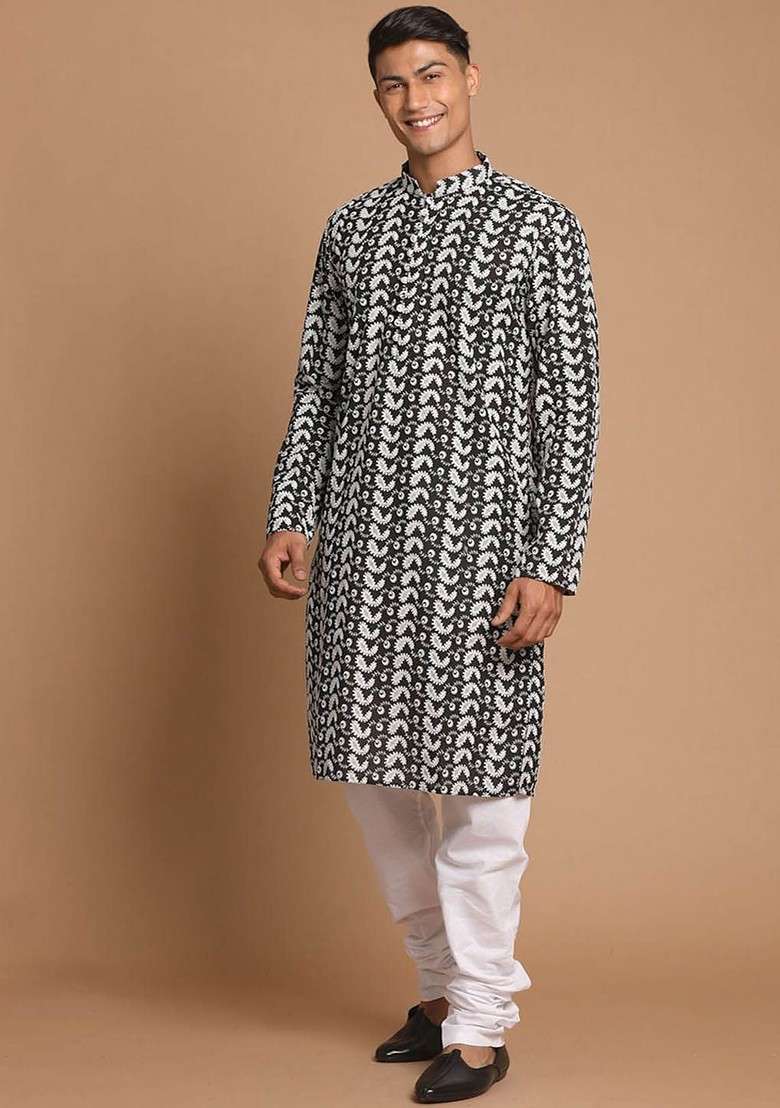 Black Embroidered Cotton Kurta Set For Men - Indya