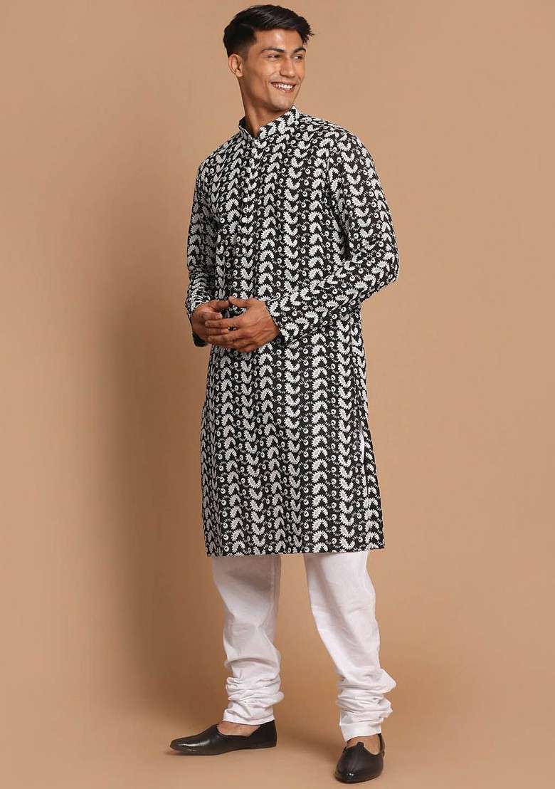 Black Embroidered Cotton Kurta Set For Men - Indya