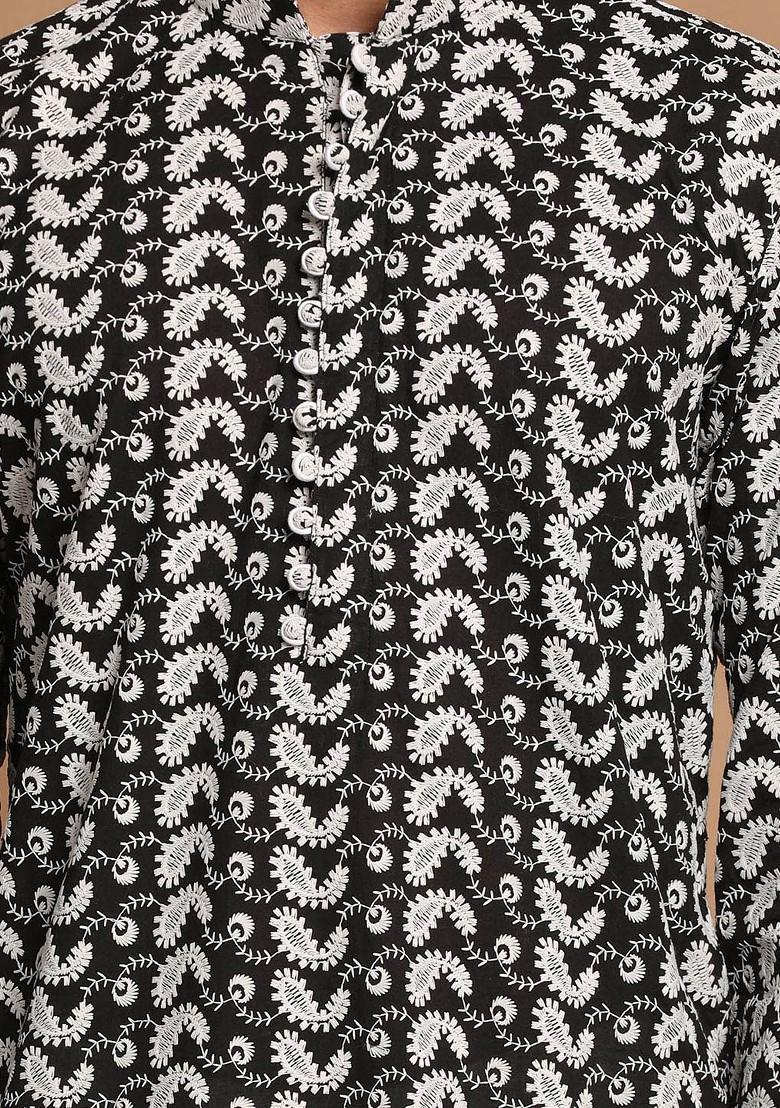 Black Embroidered Cotton Kurta Set For Men