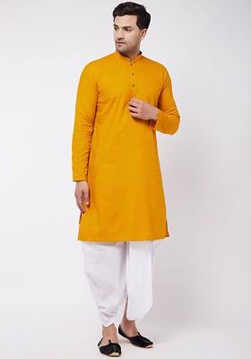 Mustard Solid Poly Blend Kurta Set For Men