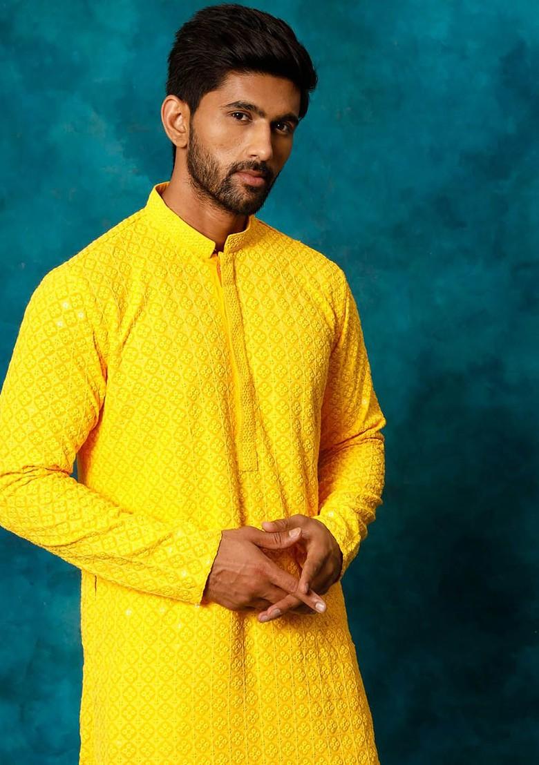 Yellow Floral Print Poly Blend Kurta Set For Men