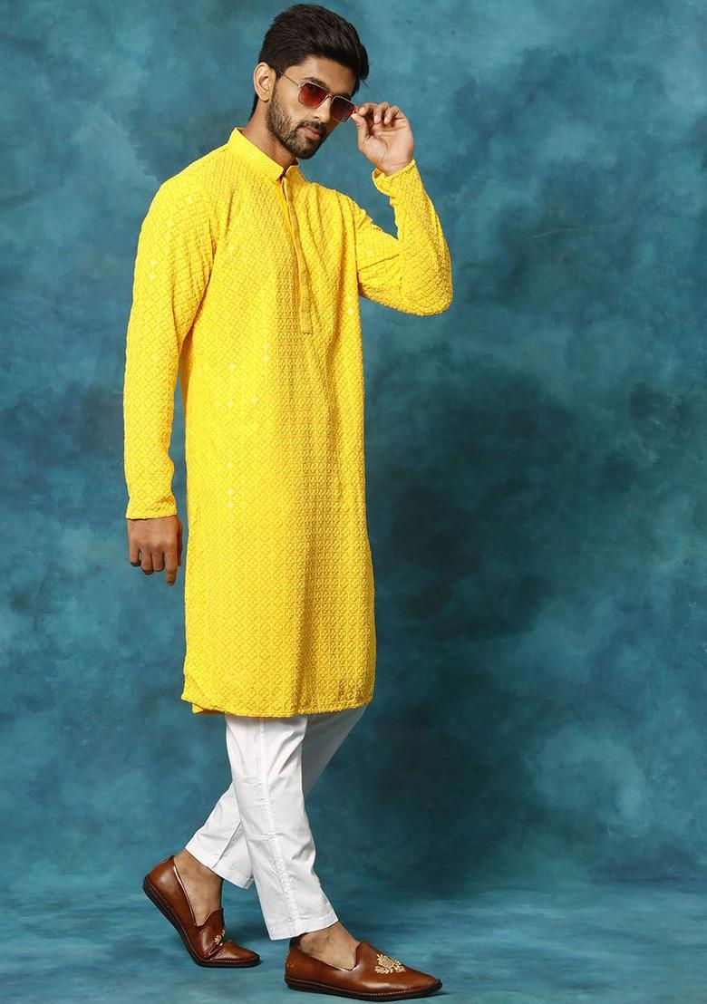 Yellow Floral Print Poly Blend Kurta Set For Men