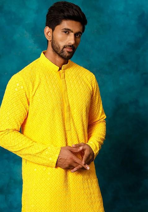 Yellow Floral Print Poly Blend Kurta Set For Men