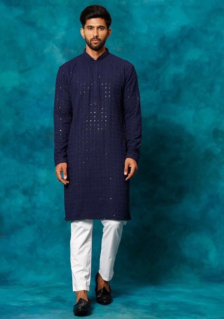 Navy Blue Ethnic Motifs Poly Blend Kurta Set For Men