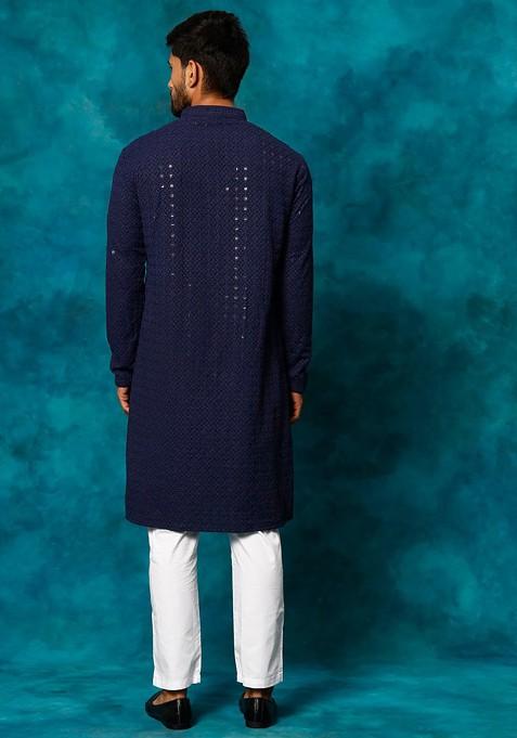 Navy Blue Ethnic Motifs Poly Blend Kurta Set For Men