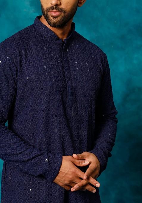 Navy Blue Ethnic Motifs Poly Blend Kurta Set For Men