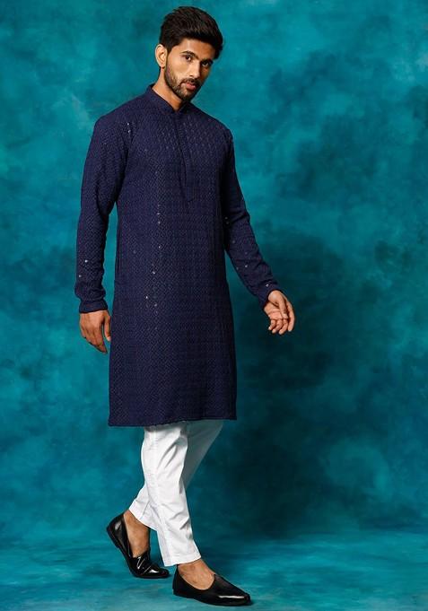 Navy Blue Ethnic Motifs Poly Blend Kurta Set For Men