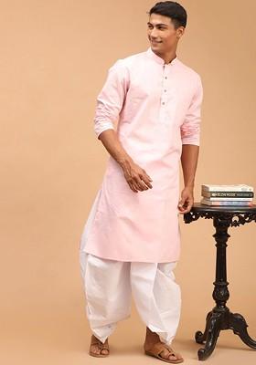 Pink Solid Poly Blend Kurta Set For Men