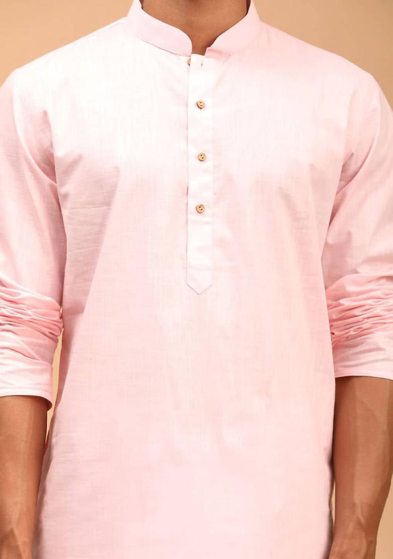 Pink Solid Poly Blend Kurta Set For Men