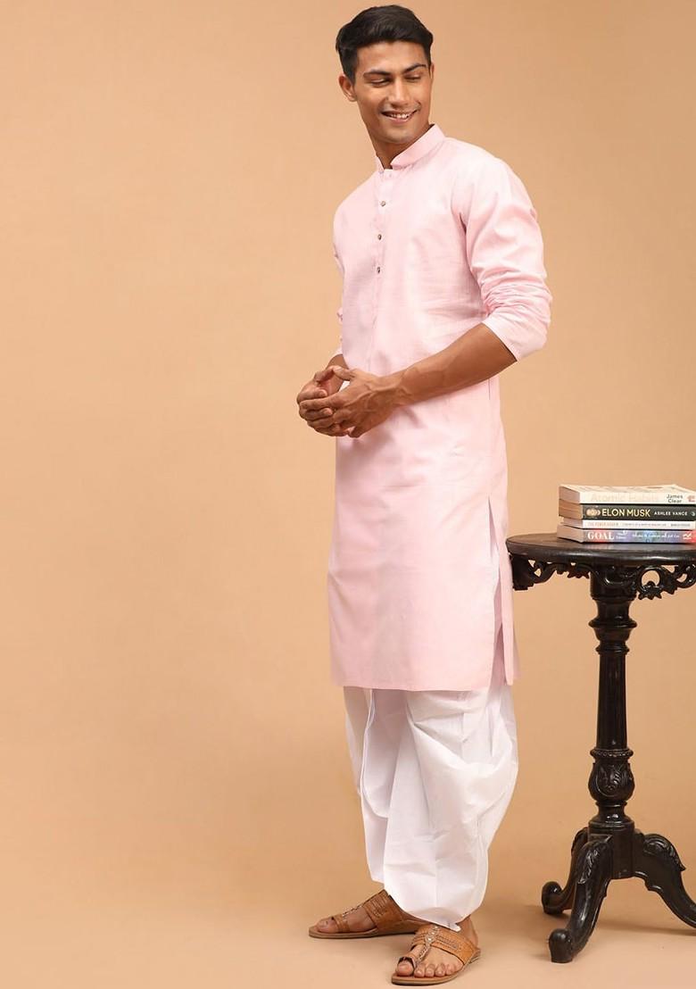 Pink Solid Poly Blend Kurta Set For Men
