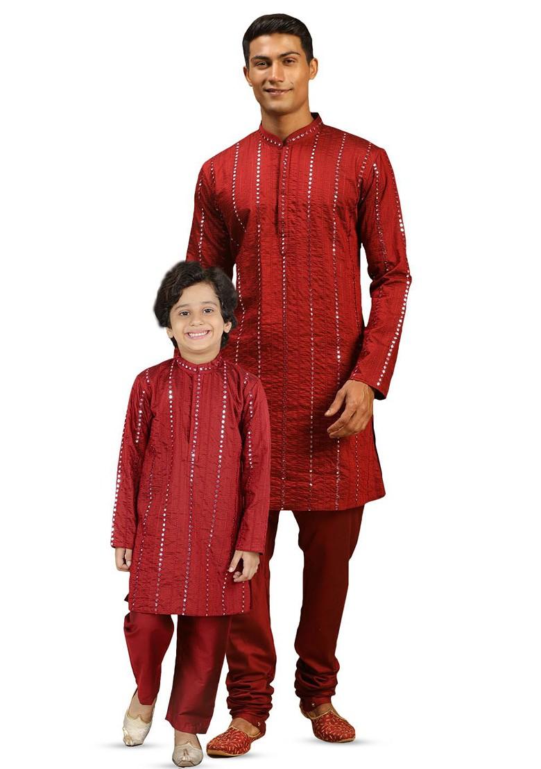 Maroon Embroidered Poly Blend Kurta Set For Men