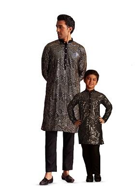 Black Embroidered Poly Blend Kurta Set For Men