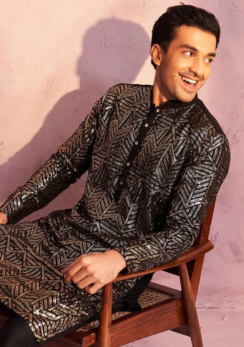 Black Embroidered Poly Blend Kurta Set For Men