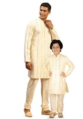 Cream Embroidered Poly Blend Kurta Set For Men