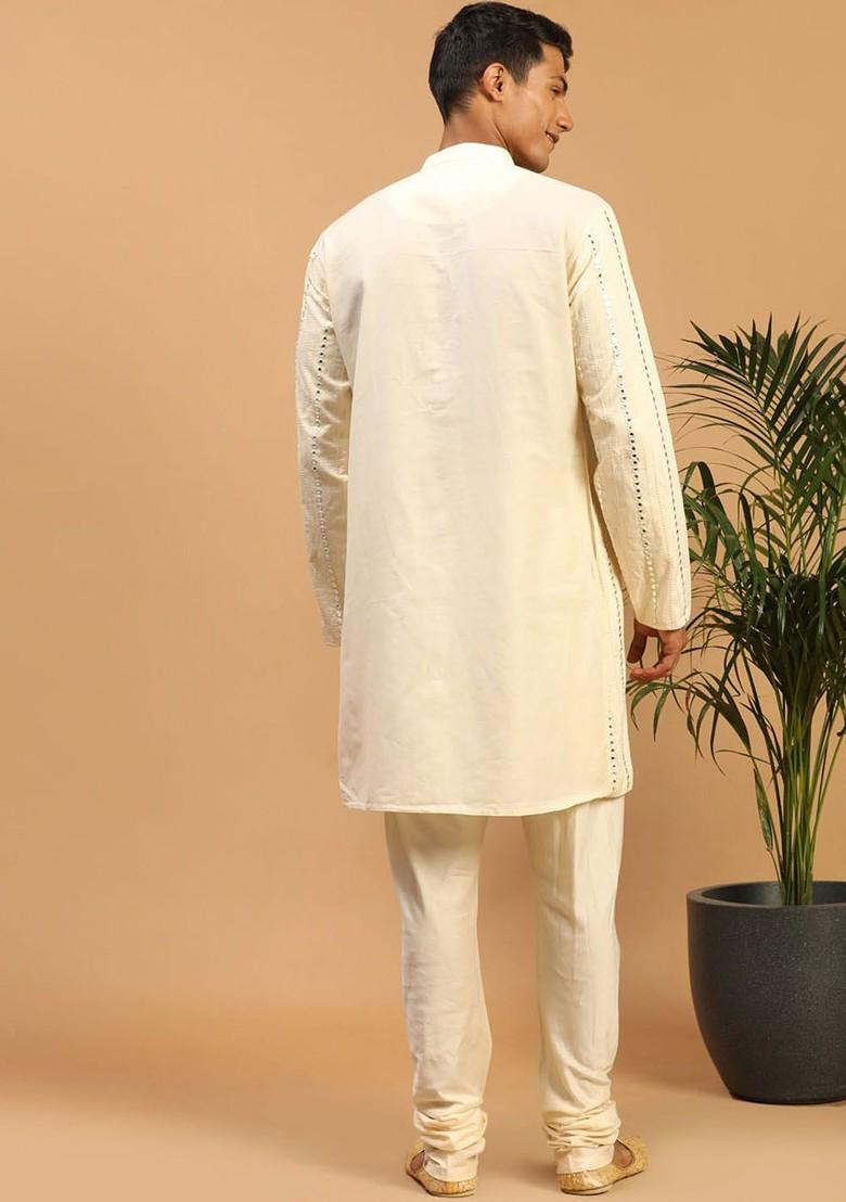 Cream Embroidered Poly Blend Kurta Set For Men