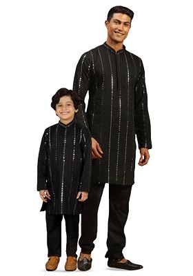 Black Embroidered Poly Blend Kurta Set For Men