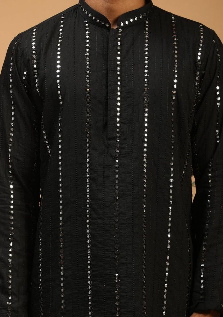 Black Embroidered Poly Blend Kurta Set For Men