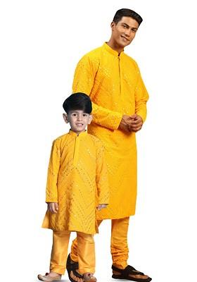Yellow Embroidered Poly Blend Kurta Set For Men