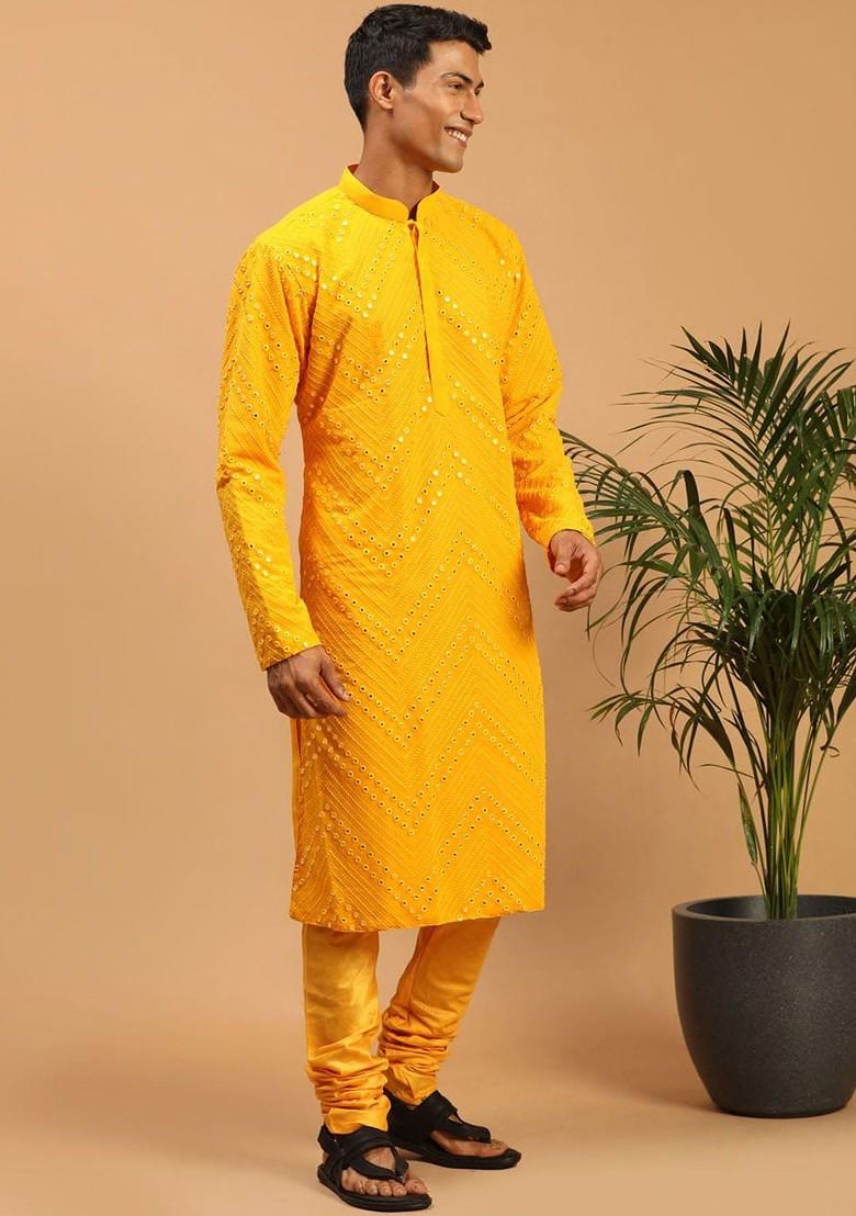 Yellow Embroidered Poly Blend Kurta Set For Men