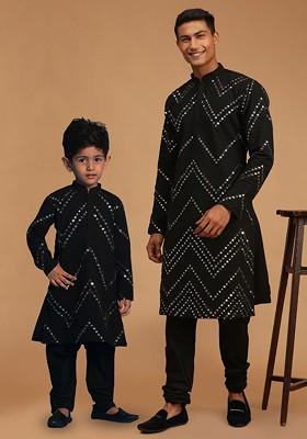 Black Embroidered Poly Blend Kurta Set For Men