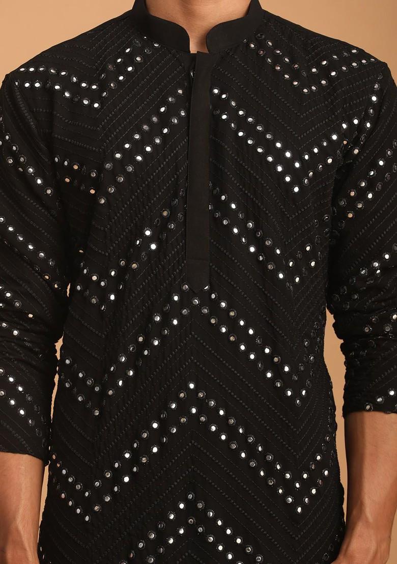 Black Embroidered Poly Blend Kurta Set For Men