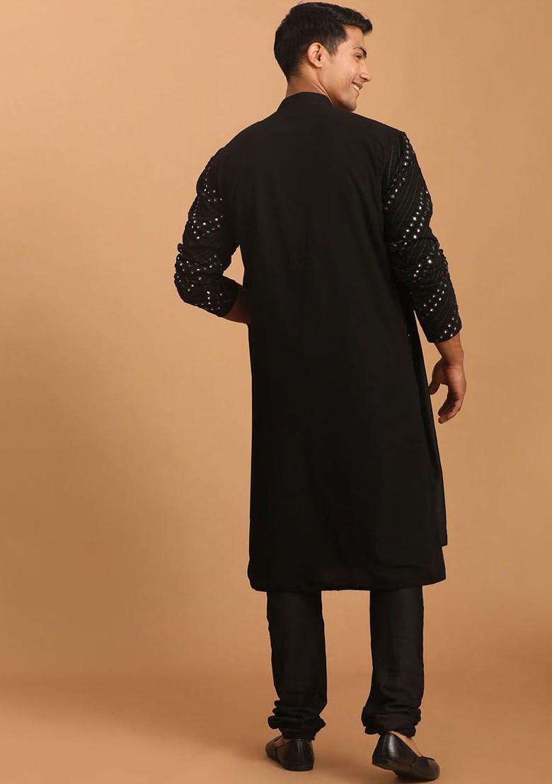 Black Embroidered Poly Blend Kurta Set For Men