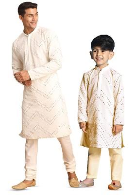 White Embroidered Poly Blend Kurta Set For Men