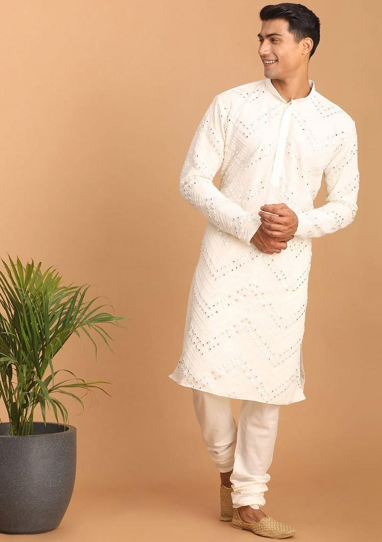 White Embroidered Poly Blend Kurta Set For Men