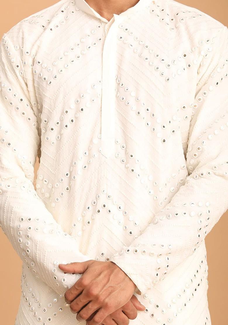 White Embroidered Poly Blend Kurta Set For Men