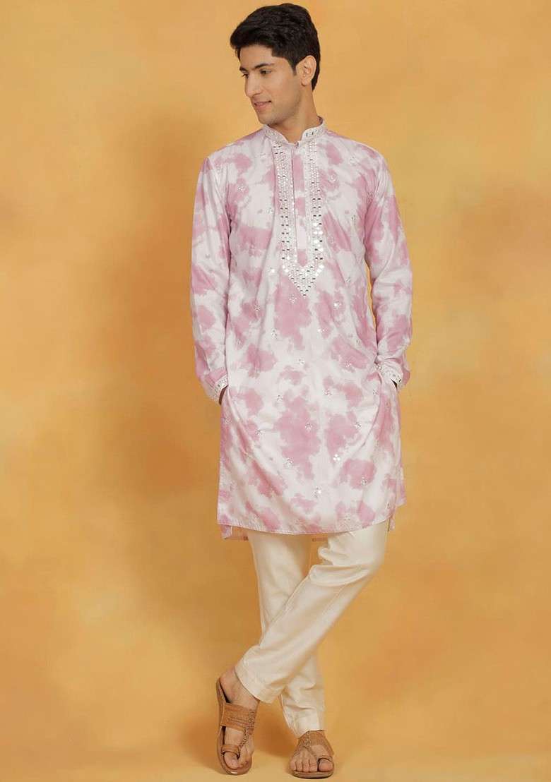 Pink Abstract Print Poly Blend Kurta Set For Men - Indya