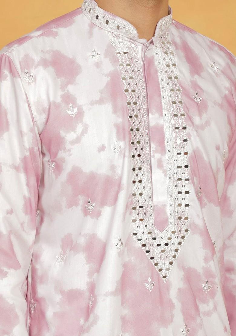 Pink Abstract Print Poly Blend Kurta Set For Men