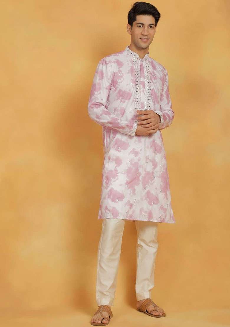 Pink Abstract Print Poly Blend Kurta Set For Men - Indya
