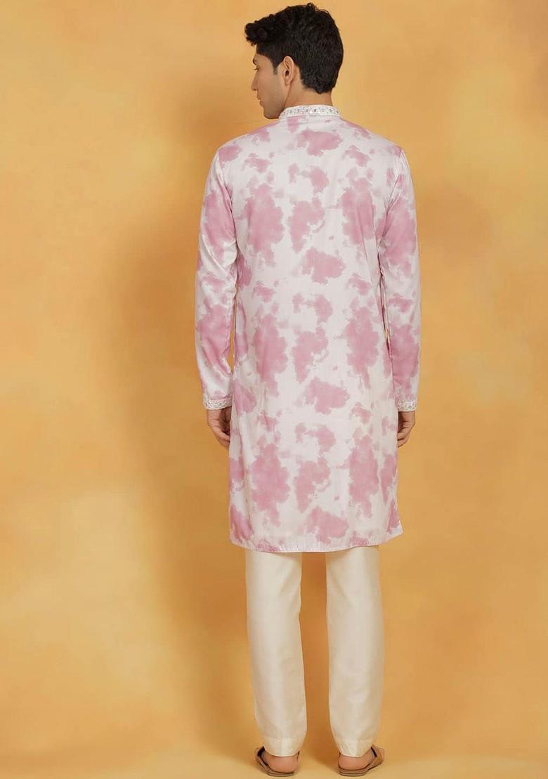 Pink Abstract Print Poly Blend Kurta Set For Men