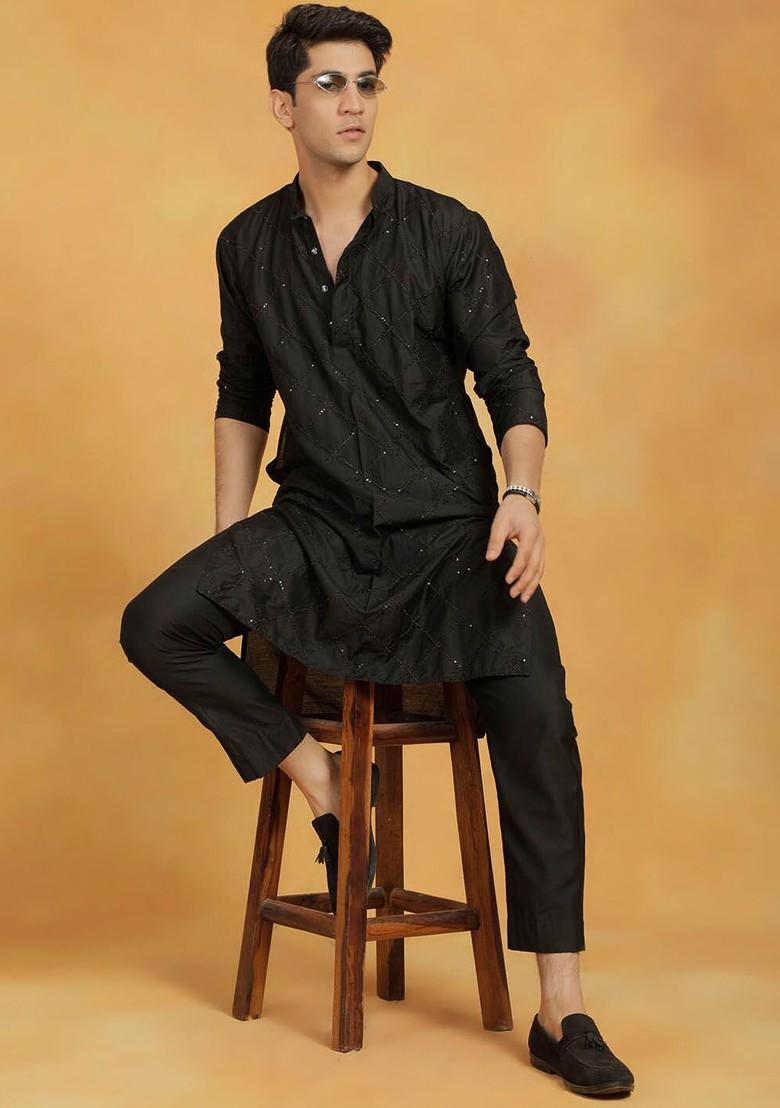 Black Embroidered Poly Blend Kurta Set For Men