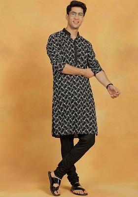Black Floral Print Poly Blend Kurta Set For Men