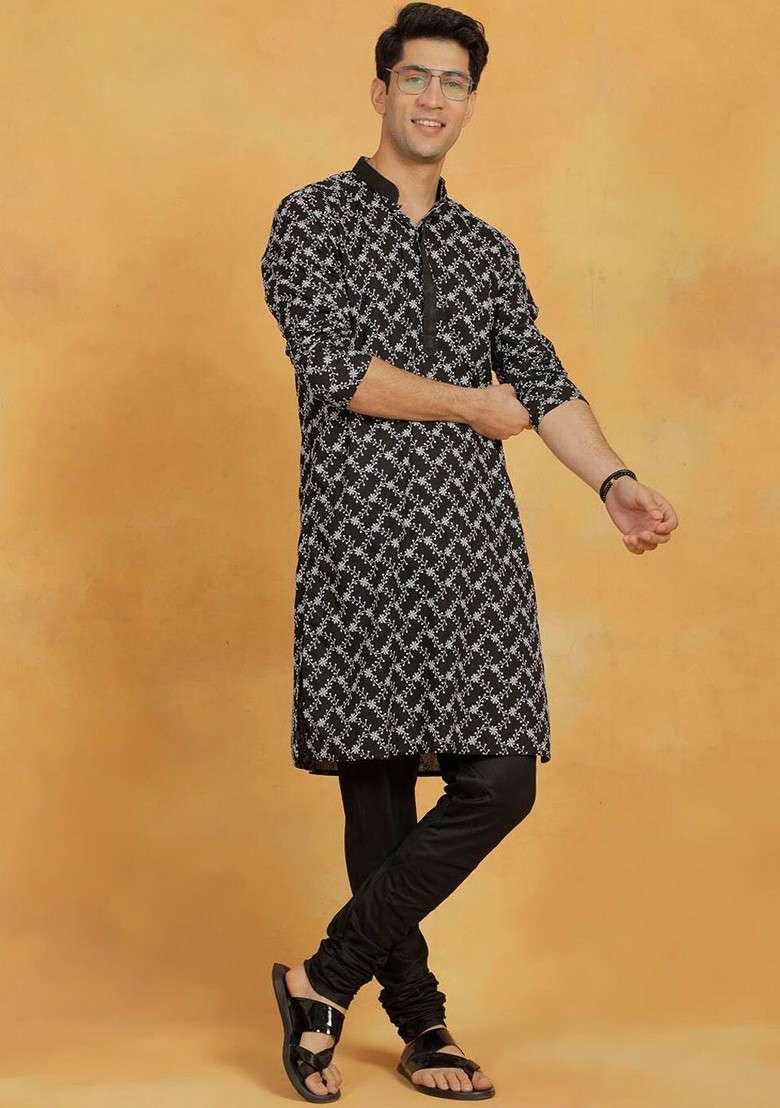 Black Floral Print Poly Blend Kurta Set For Men - Indya