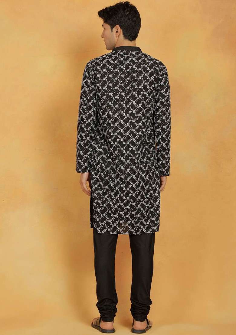 Black Floral Print Poly Blend Kurta Set For Men - Indya