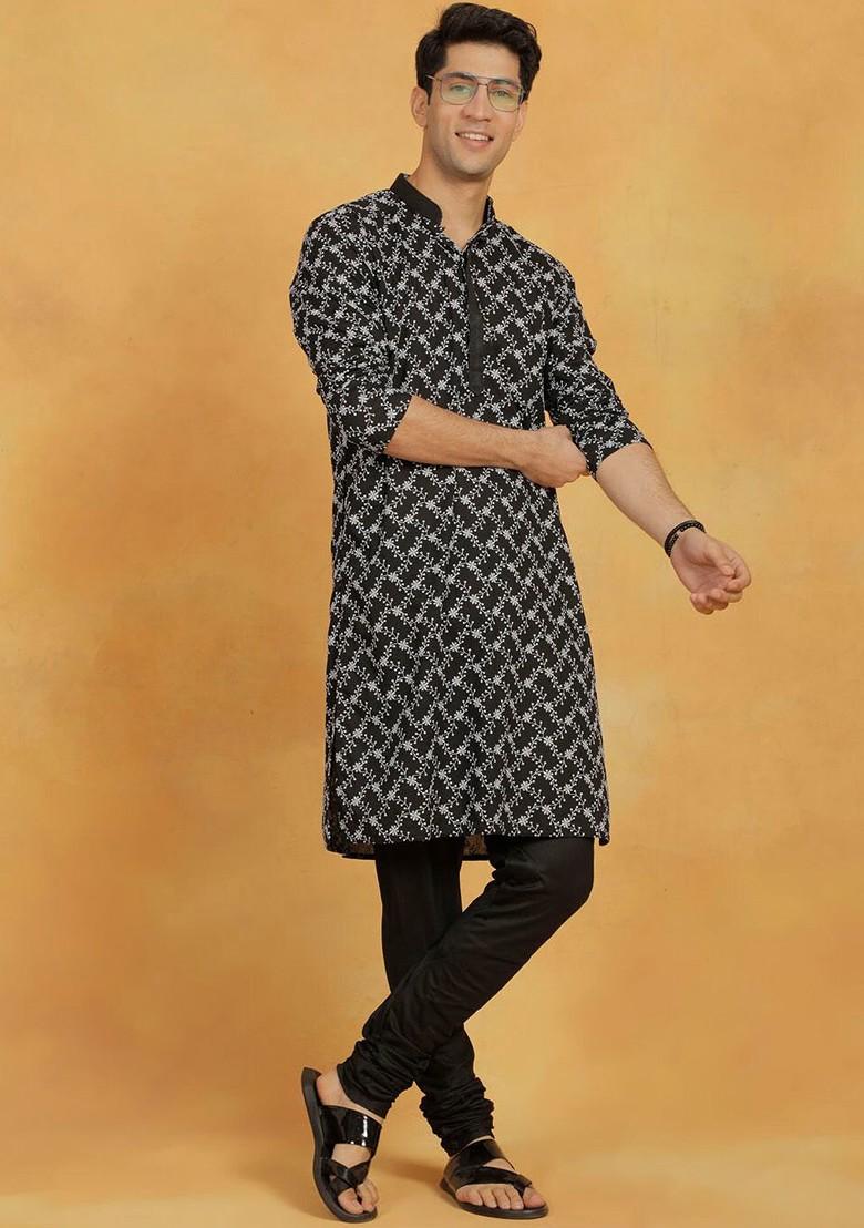 Black Floral Print Poly Blend Kurta Set For Men