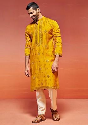 Mustard Ethnic Motifs Poly Blend Kurta Set For Men