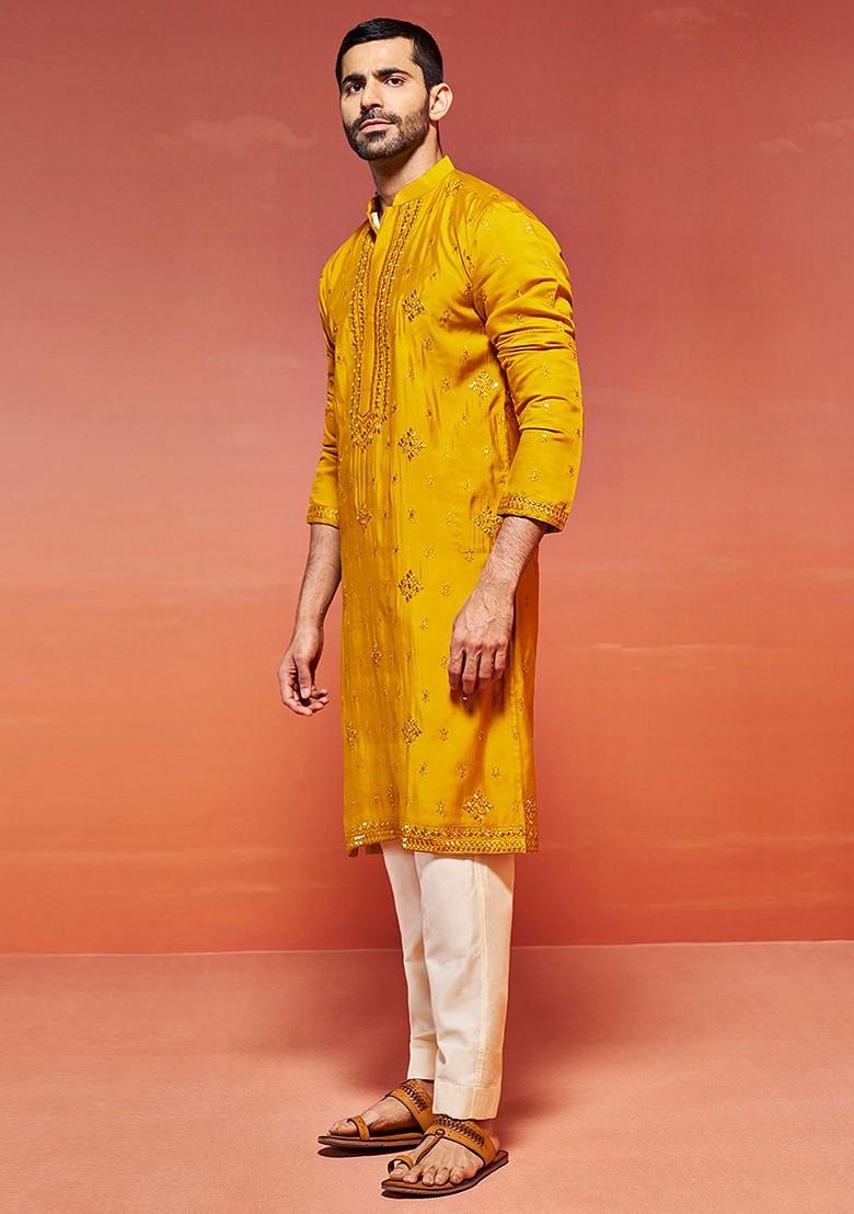 Mustard Ethnic Motifs Poly Blend Kurta Set For Men