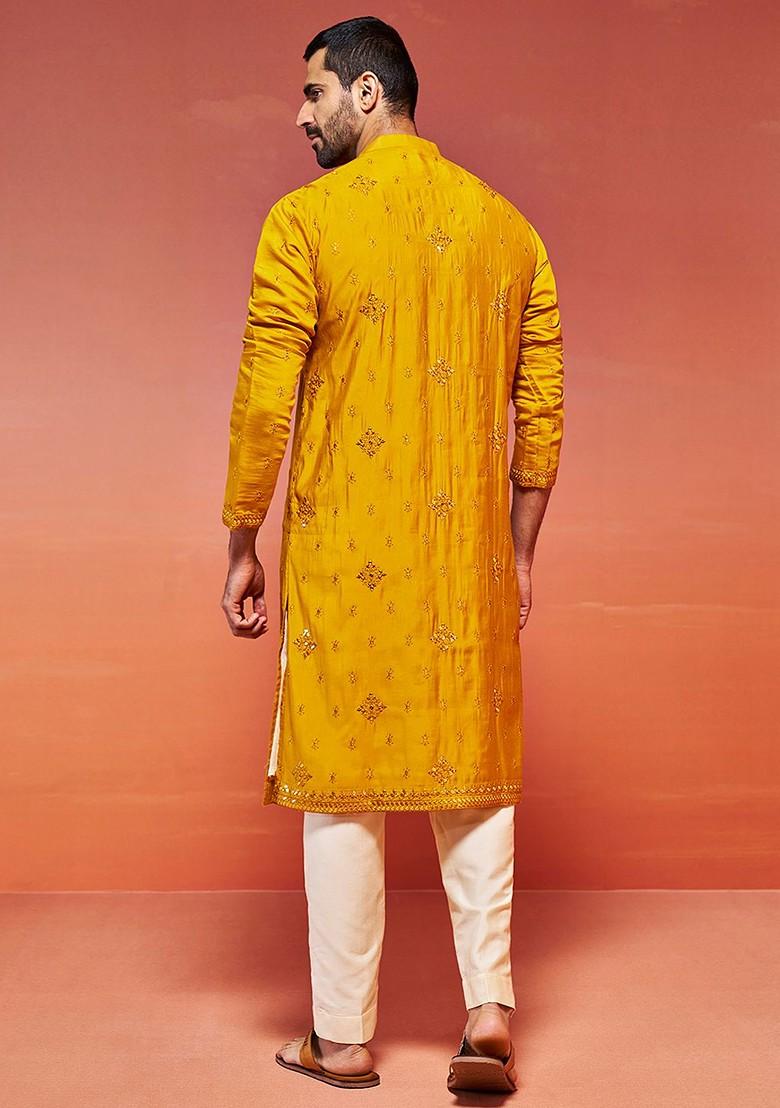 Mustard Ethnic Motifs Poly Blend Kurta Set For Men