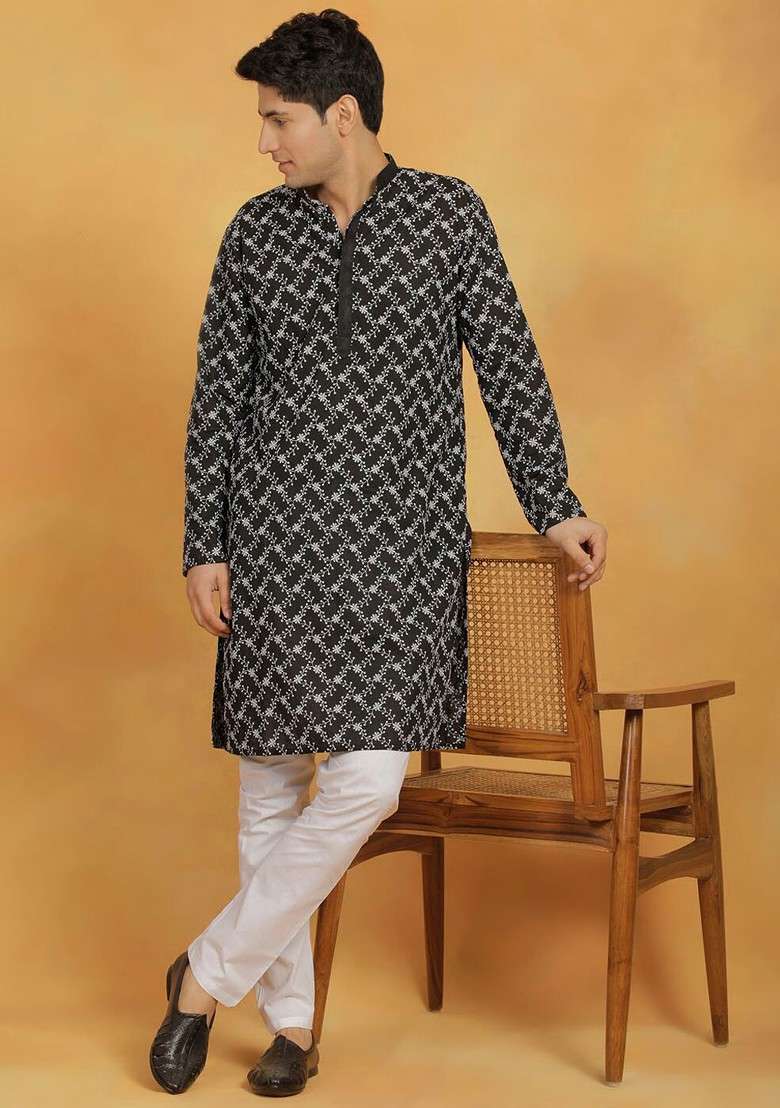 Black Floral Print Poly Blend Kurta Set For Men - Indya