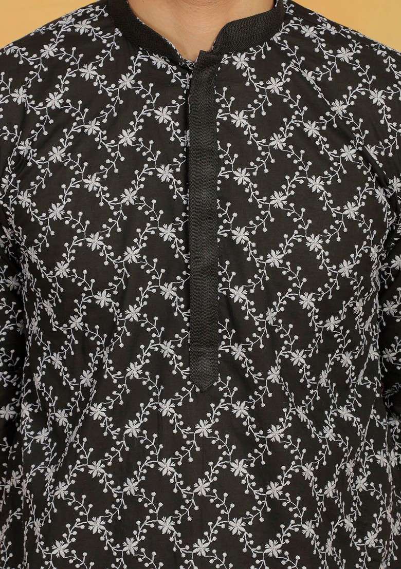 Black Floral Print Poly Blend Kurta Set For Men - Indya