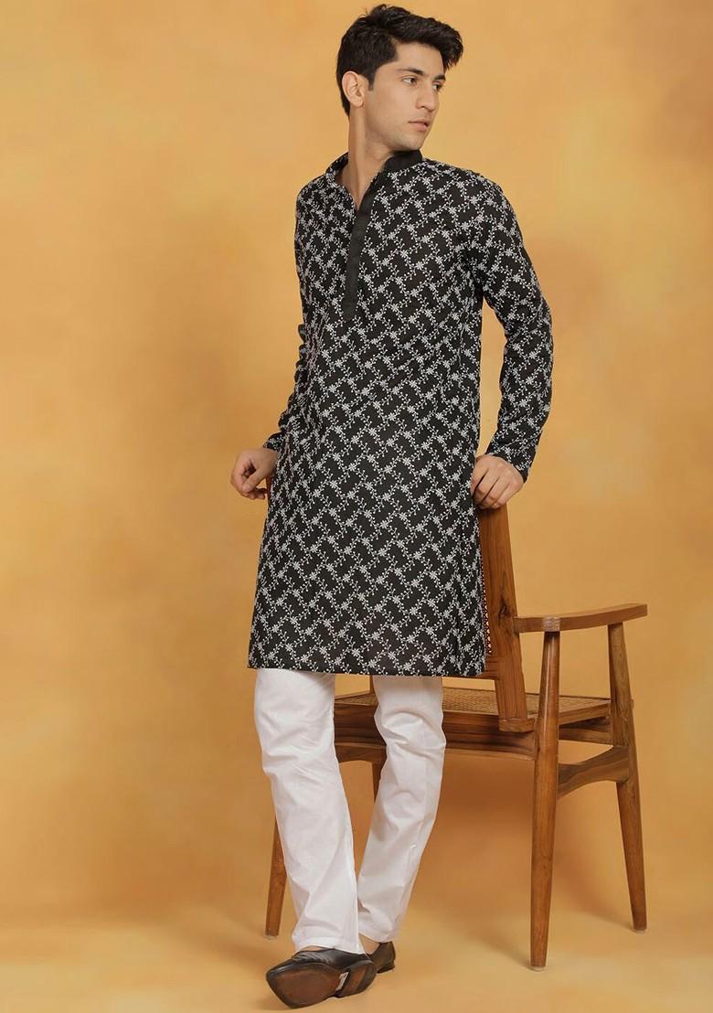 Black Floral Print Poly Blend Kurta Set For Men